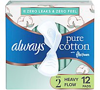 Always Pure Cotton FlexFoam Size 2 Heavy Flow Absorbency Pads For Women With Wings - 12 Count
