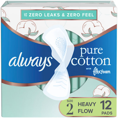 Always Pure Cotton FlexFoam Size 2 Heavy Flow Absorbency Pads For Women With Wings - 12 Count