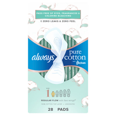 Always Pure Cotton with FlexFoam Pads for Women Size 1 Regular Absorbency with Wings - 28 Count - Image 7