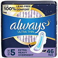 Always Ultra Thin Size 5 Extra Heavy Overnight Unscented Overnight Pads with Wings - 46 Count - Image 1