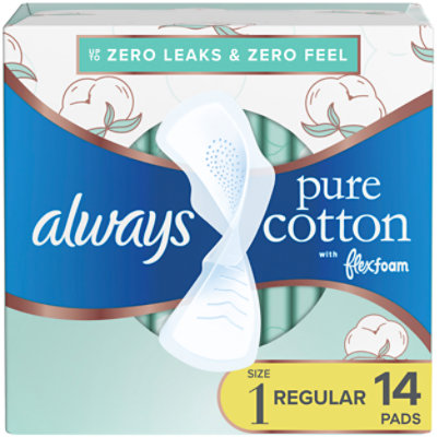 Always Pure Cotton with FlexFoam Pads for Women Size 1 Regular Absorbency with Wings - 14 Count - Image 1