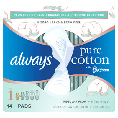 Always Pure Cotton with FlexFoam Pads for Women Size 1 Regular Absorbency with Wings - 14 Count - Image 7