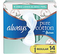 Always Pure Cotton with FlexFoam Pads for Women Size 1 Regular Absorbency with Wings - 14 Count