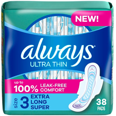 Always Ultra Thin Size 3 Extra Long Super Unscented Daytime Pads with Wings - 38 Count - Image 1