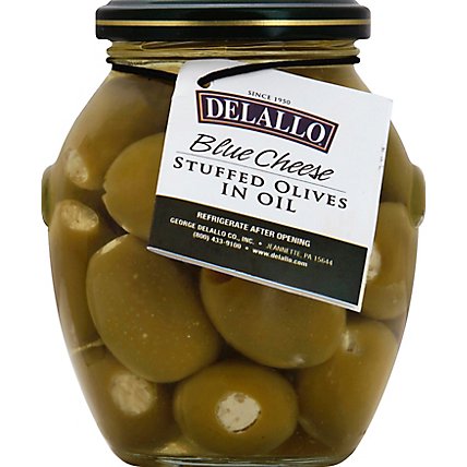 Delallo Green Olives Stuffed W/ Blue Cheese In Oil - 13.1 OZ - Image 2