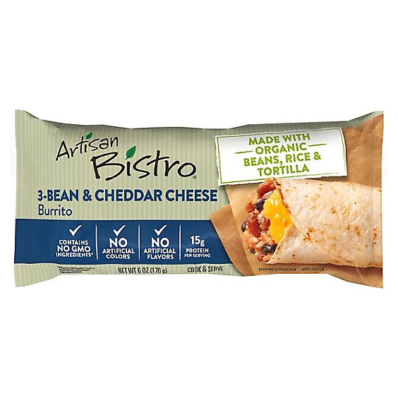 Artisan Bistro Burrito Organic 3 Bean & Cheddar Cheese - 6 Oz