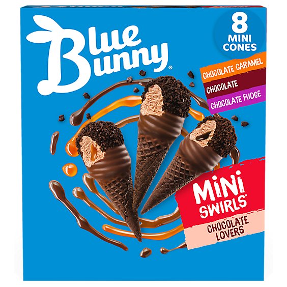 Blue Bunny Mini Swirls Chocolate Lovers Cone Frozen Dessert for Winter - 8 Count