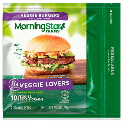 MorningStar Farms Veggie Burgers Plant Based Protein Vegan Meat Veggie Lovers 2 Count - 8 Oz