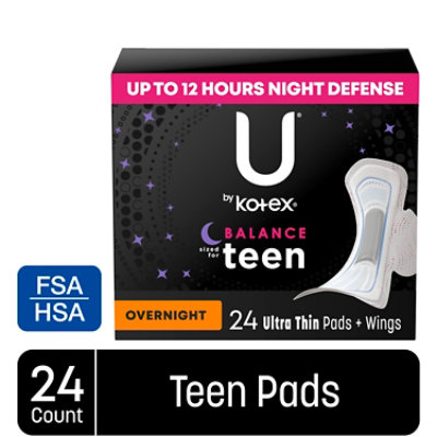 U by Kotex Balance Teen Overnight Ultra Thin Pads with Wings - 24 Count - Image 1