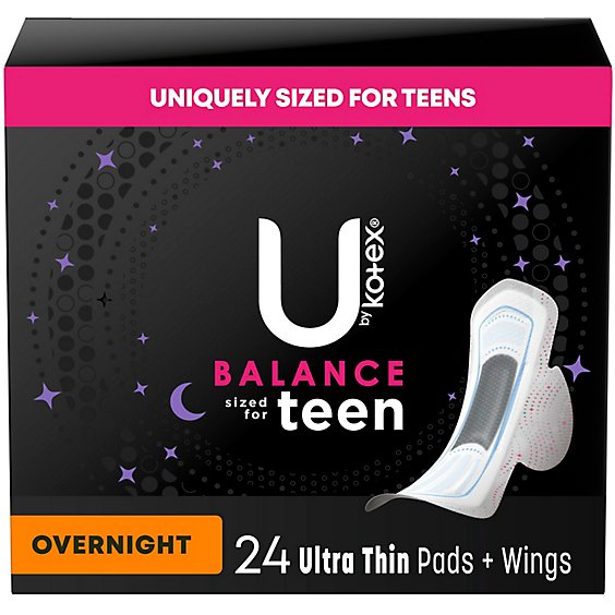 U by Kotex Teen Ultra Thin Unscented Overnight Feminine Pads With Wings - 24 Count