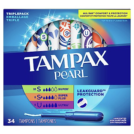 Tampax Pearl Tampons Trio Pack Super/Super Plus/Ultra Absorbency Unscented - 34 Count - Image 2