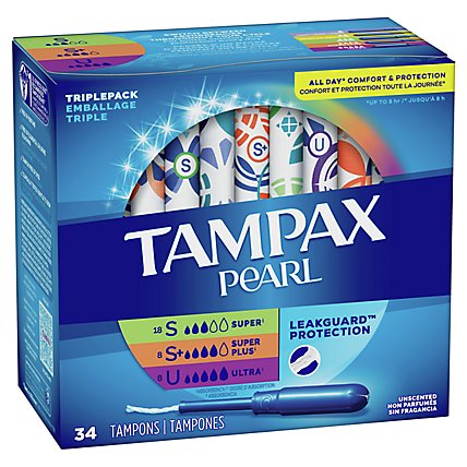Tampax Pearl Tampons Trio Pack Super/Super Plus/Ultra Absorbency Unscented - 34 Count - Image 4