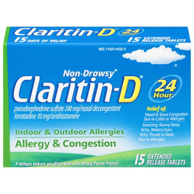 Claritin D 24 Hour Allergy And Congestion Tablets - 15 CT