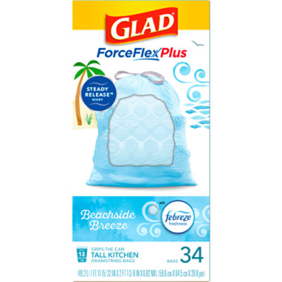 Glad ForceFlex MaxStrength Tall Kitchen Drawstring Trash Bags, 13 Gallon,  Beachside Breeze, 34 Count