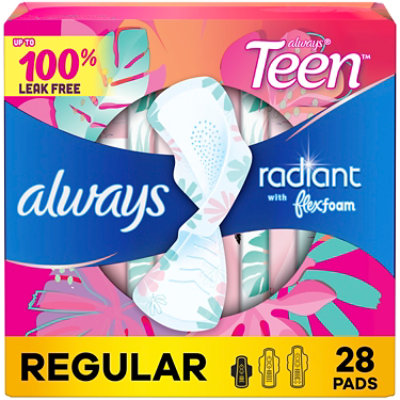 Always Radiant FlexFoam Teen Pads Regular Absorbency with Wings Unscented - 28 Count