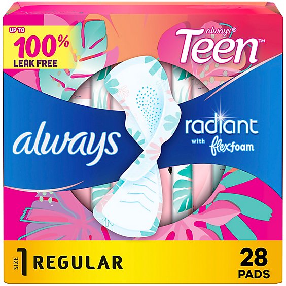 Always Radiant FlexFoam Teen Pads Regular Absorbency with Wings Unscented - 28 Count