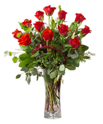 Premium Long Stem Dozen Rose Arrangement With Vase - Each (flower colors and vase will vary) - Image 1