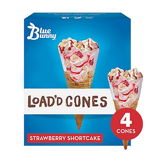 Blue Bunny Load'd Cones Strawberry Shortcake Frozen Dessert For Summer - 4 Count