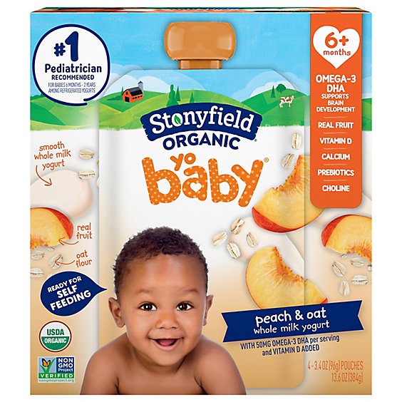 Stonyfield Organic YoBaby Peach & Oat Whole Milk Baby Yogurt Pouches - 4 Count