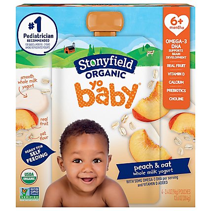 Stonyfield Organic YoBaby Peach & Oat Whole Milk Baby Yogurt Pouches - 4 Count - Image 1