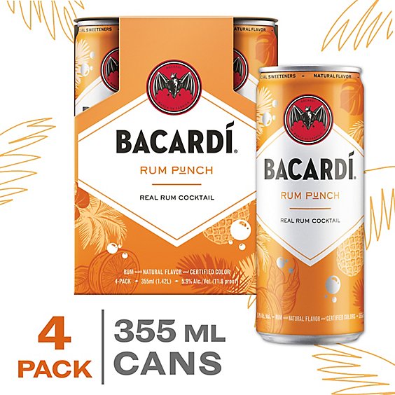 Bacardi Rum Punch  Gluten Free Ready to Drink Real Rum Cocktail Slim Multipack - 4-355 Ml
