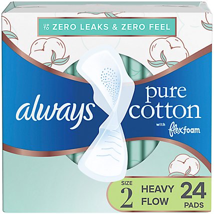 Always Pure Cotton with FlexFoam Pads for Women Size 2 Heavy Flow Absorbency with Wings - 24 Count - Image 2