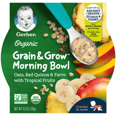 Gerber Organic Grain & Grow Morning Bowl Oats Quinoa Farro Tropical Fruits Baby Meals - 4.5 Oz