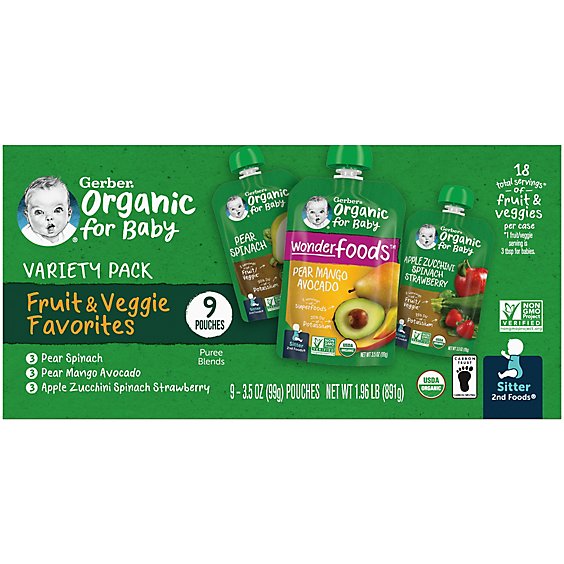 Gerber Organic Fruit & Veggie 2nd Foods for Baby Variety Pack Pouch- 9-3.5 Oz