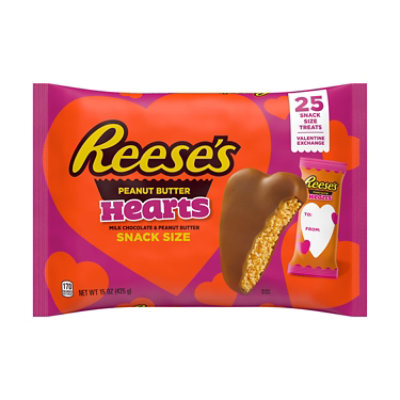 Reese's Milk Chocolate Snack Size Peanut Butter Hearts Valentine's Candy Bag 25 Count - 15 Oz