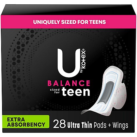 U by Kotex Teen Ultra Thin Unscented Extra Absorbency Feminine Pads With Wings - 28 Count