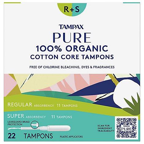 Tampax Pure Tampons 100% Organic Regular/Super Unscented - 22 Count