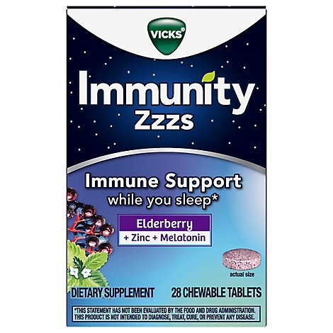 Vicks Immunity Zzzs Dietary Supplement Immune Support Chewable Tablets Elderberry - 28 Count