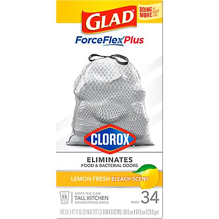 Glad Forceflex Plus With Clorox Lemon Fresh Bleach Scent Kitchen Trash Bags 13 Gallon - 34 Count - Image 1