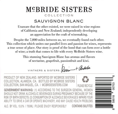 Mcbride Sisters Collection Sauvignon Blanc New Zealand White Wine - 750 Ml - Image 7