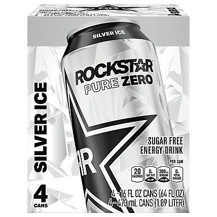 Rockstar Pure Zero Energy Drink Silver Ice 16 Fluid Ounce Can 4 Count - 64 FZ - Image 2
