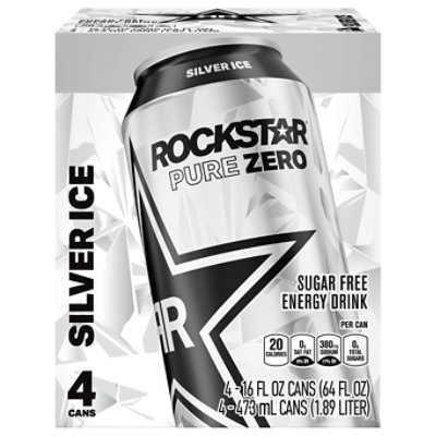 Rockstar Pure Zero Energy Drink Silver Ice 16 Fluid Ounce Can 4 Count - 64 FZ