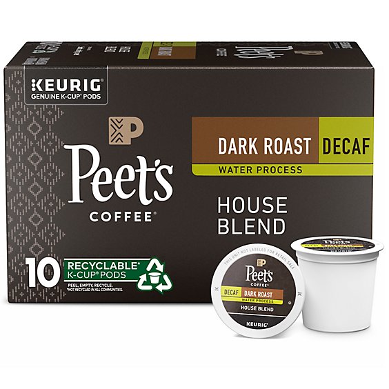 Peet's Coffee Decaf House Blend Dark Roast K Cup Pods - 10 Count