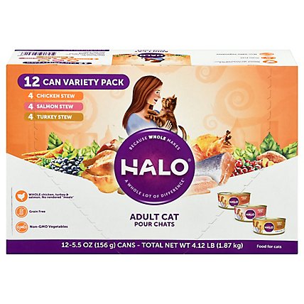 Halo Grain Free Chicken Salmon Turkey Cat Food Variety Pack - 12-5.5 OZ - Image 3