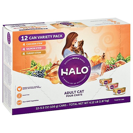 Halo Grain Free Chicken Salmon Turkey Cat Food Variety Pack - 12-5.5 OZ