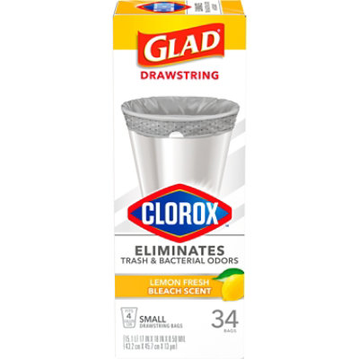 Glad Small Drawstring Trash Bags with Clorox 4 Gallon Lemon Fresh Bleach Scent - 34 Count - Image 1