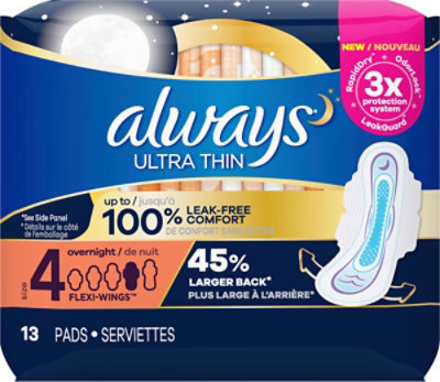 Always Ultra Thin Pads Overnight Absorbency With Wings Size 4 Unscented - 13 Count - Image 2