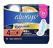 Always Ultra Thin Pads Overnight Absorbency With Wings Size 4 Unscented - 13 Count