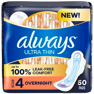 Always Ultra Thin Pads Size 4 Overnight Absorbency Unscented With Wings - 50 Count - Image 1