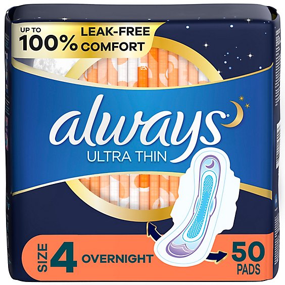 Always Ultra Thin Pads Size 4 Overnight Absorbency Unscented With Wings - 50 Count