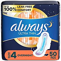 Always Ultra Thin Pads Size 4 Overnight Absorbency Unscented With Wings - 50 Count - Image 1