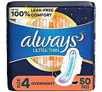 Always Ultra Thin Pads Overnight Absorbency With Wings Size 4 Unscented - 50 Count
