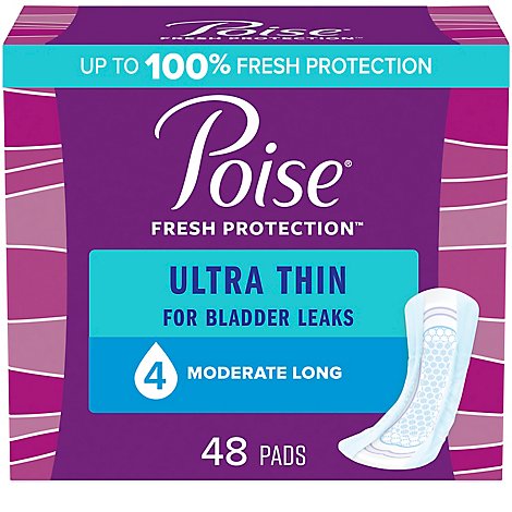 Poise Ultra Thin Long Incontinence Pads Moderate Absorbency - 48 Count