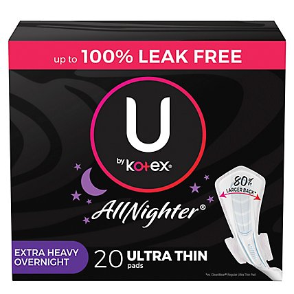 U by Kotex AllNighter Ultra Thin Extra Heavy Overnight Pads With Wings - 20 Count - Image 1