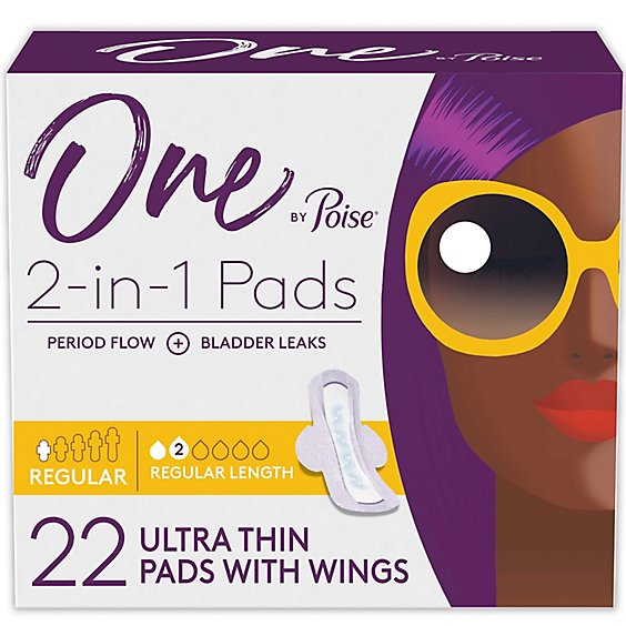 One by Poise 2 in 1 Period and Bladder Leakage Pads for Women with Wings  - 22 Count