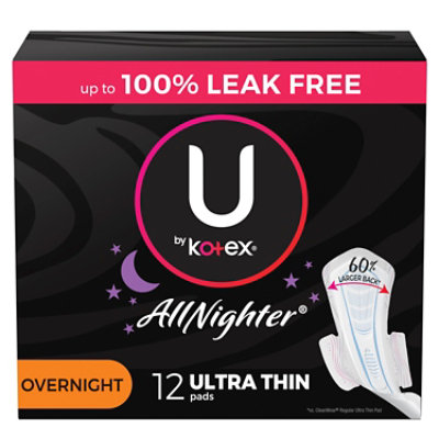 U by Kotex AllNighter Overnight Ultra Thin Pads With Wings - 12 Count